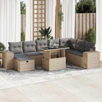 9-delige Loungeset met kussens poly rattan beige - thumbnail