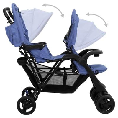 VidaXL Tweelingkinderwagen tandem staal marineblauw - thumbnail