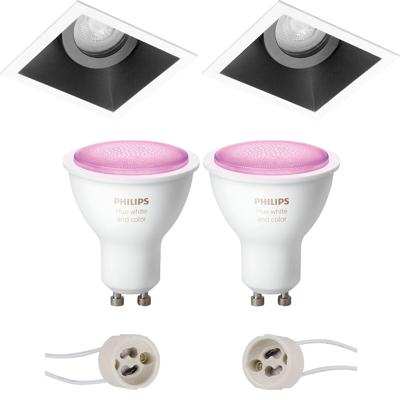 Pragmi Zano Pro - Inbouw Vierkant - Mat Zwart/Wit - Kantelbaar - 93mm - Philips Hue - LED Spot Set GU10 - White and Color Ambiance - Bluetooth
