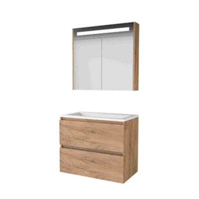 Basic-Line Premium 46 Badkamermeubelset - 80 x 46 cm - Greeploos - 2 Lades - Acryl Wastafel - 1 Kraangat - Spiegelkast met LED Verlichting - Whisky Oak