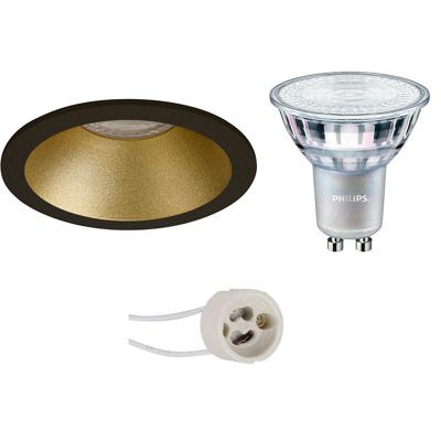 GU10 Inbouwspot Set - Mat Zwart/Goud - Inbouw Rond - Verdiept - Philips - MASTER 927 36D VLE - DimTone Dimbaar - Pragmi Pollon Pro - 3.7W - Warm Wit 2200K-2700K - Ø82mm