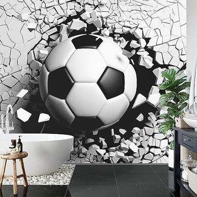 Fotobehang - Voetbal komt door de muur, zwart/wit, te koop in 11 maten, incl behanglijm