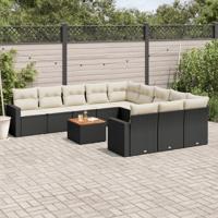 12-delige Loungeset met kussens poly rattan zwart - thumbnail