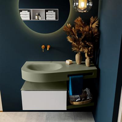 MONDIAZ RIVA 100cm badmeubel onderkast / planchet kleur Linen met 1 lade. Wastafel DULCET links 0 kraangaten kleur Army.