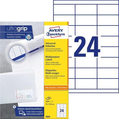 Avery Zweckform 3664, Universele etiketten, Ultragrip, wit, 100 vel, 24 per vel, 70 x 33,8 mm