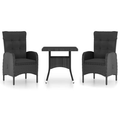 3-delige Tuinset poly rattan en glas zwart