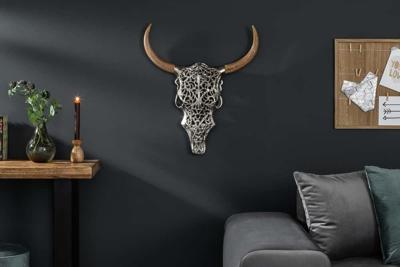 Extravagante wanddecoratie EXOTIC BULL 57cm zilveren mangohouten stierenkop - 39091
