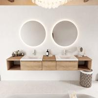 MONDIAZ BUKLA 240cm badmeubel met open module 40 L+R kleur Washed Oak met 3 lades. Wastafel CLOUD dubbel 2 kraangaten kleur Talc. - thumbnail