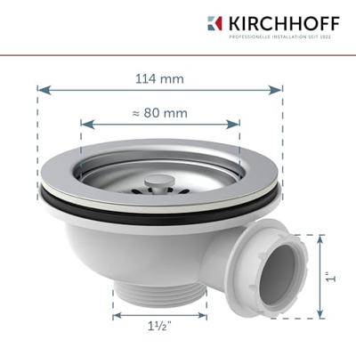 Kirchhoff Kunststof korfventiel, 1 1/2" ET, RVS ventielbeker & zeef Ø114 mm, met 1" overloopaansluiting - 98835340 Kirchhoff Kunststof korfventiel, 1 1/2" ET, RVS ventielbeker & zeef Ø114 mm, met 1" overloopaansluiting - 98835340