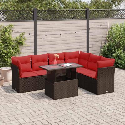 7-delige Loungeset met kussens poly rattan acacia grijs