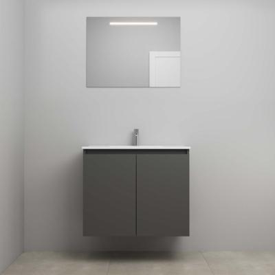 On-Line Badkamermeubelset - 80 cm - Bouwpakket - Greeploos 2 Deuren - Porseleinen Wastafel - 1 Kraangat - Spiegel met LED-Verlichting - Mat Antraciet