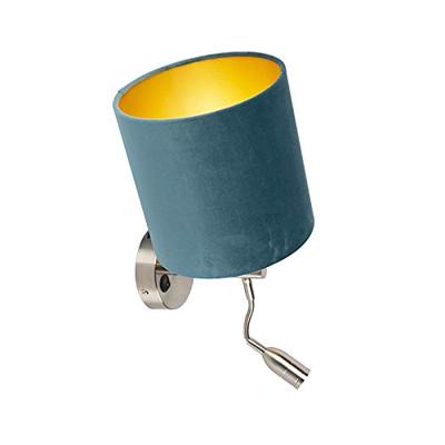 QAZQA Wandlamp staal met leeslamp en kap velours 20|20|20 blauw