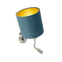 QAZQA Wandlamp staal met leeslamp en kap velours 20|20|20 blauw - thumbnail