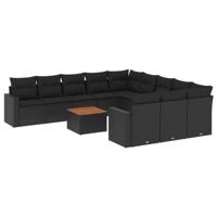 12-delige Loungeset met kussens poly rattan zwart - thumbnail