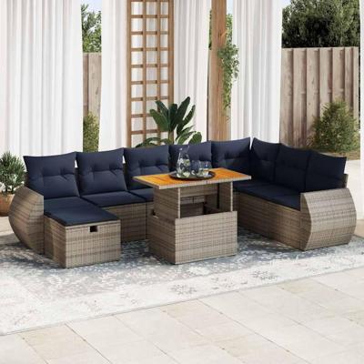 9-delige Loungeset met kussens poly rattan acacia zwart