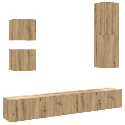 5-delig Tv-meubelset wandmontage bewerkt hout artisanaal eiken - thumbnail