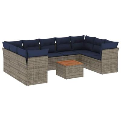 10-delige Loungeset met kussens poly rattan grijs