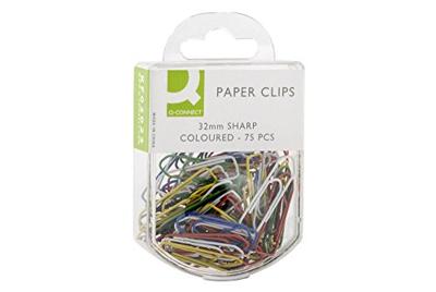 Q-CONNECT papierklemmen, 32 mm, doos van 75 stuks, ophangbaar, geassorteerde kleuren.