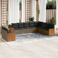 10-delige Loungeset met kussens poly rattan grijs - thumbnail