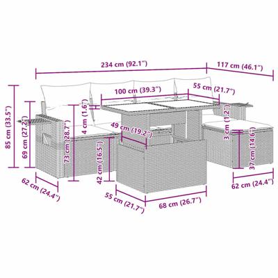 6-delige Loungeset met kussens poly rattan zwart