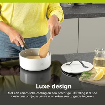 BE Living Steelpan met deksel ø 18 cm - keramische anti-aanbaklaag - PFAS-vrij - geschikt voor alle warmtebronnen - wit - thumbnail