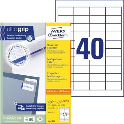 Avery Zweckform 3657, Universele etiketten, Ultragrip, wit, 100 vel, 40 per vel, 48,5 x 25,4 mm Avery Zweckform 3657, Universele etiketten, Ultragrip, wit, 100 vel, 40 per vel, 48,5 x 25,4 mm