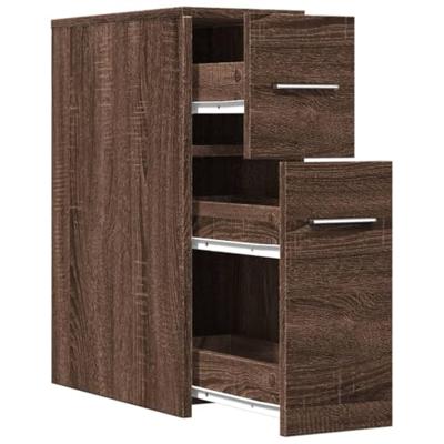 Badkamerkast smal met wielen bewerkt hout bruin eikenkleurig Badkamerkast smal met wielen bewerkt hout bruin eikenkleurig
