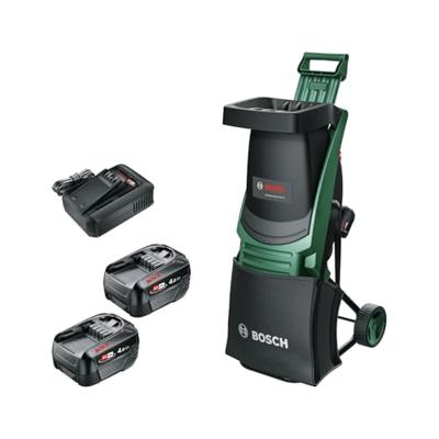 Bosch Groen UniversalShredder Fluisterhakselaar 2x18V-25 | 2x PBA 18V 4.0 Ah Accu + 1x Snellader AL 18V-44 + 1x 28L Opvangzak - 06008E0000