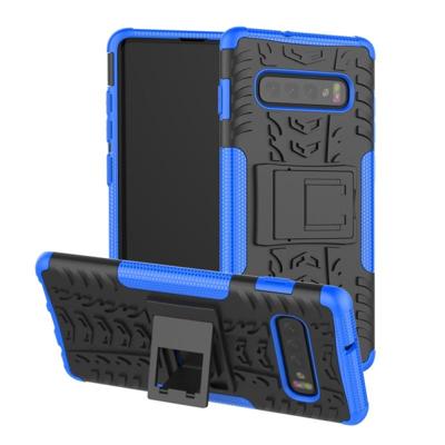 Tire Texture TPU + PC schokbestendig geval voor Galaxy S10 PLUS, met houder (blauw) Tire Texture TPU + PC schokbestendig geval voor Galaxy S10 PLUS, met houder (blauw)