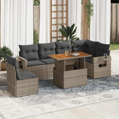 7-delige Loungeset met kussens poly rattan grijs