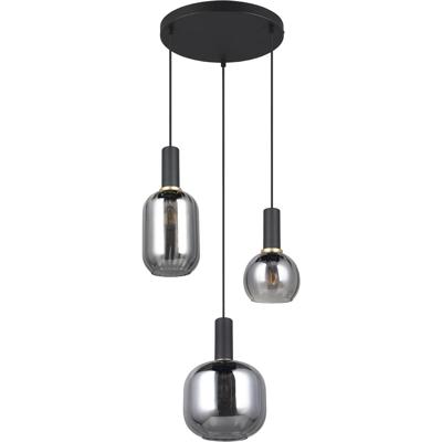LED Hanglamp - Hangverlichting - Trion Pala - 3x Lichtpunten - E27 Fitting - Verchroomd Glas - Mat Zwart - Metaal