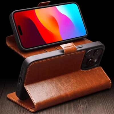Qialino - iPhone 15 Pro - Leren bookcase hoes - Cognac Qialino - iPhone 15 Pro - Leren bookcase hoes - Cognac
