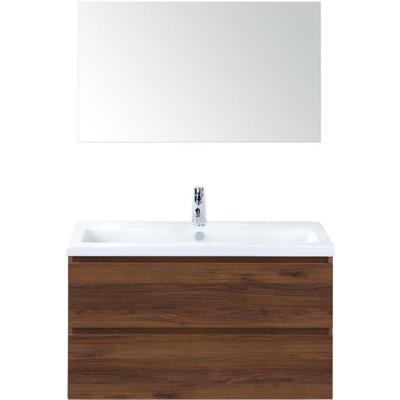 Vogue Badmeubelset 100 cm - Greeplijst in Kleur - Walnoot - Keramische Wastafel Wit 1 Kraangat met Spiegel