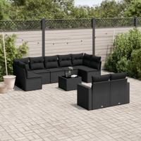 9-delige Loungeset met kussens poly rattan zwart - thumbnail