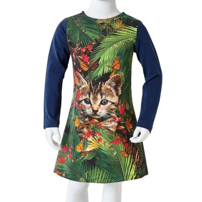 Kinderjurk met lange mouwen kattenprint 92 marineblauw