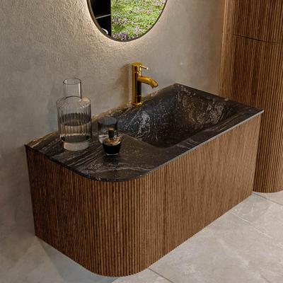 Mondiaz KURVE-DLUX 85 cm Onderkast Greeploos 1 Lade Met Deuren Walnut, Wastafel Solid Surface Rechts Lava 1 Kraangat Zonder Spiegel (KRVCLO85L1L1D1KR-Wal/Lav)