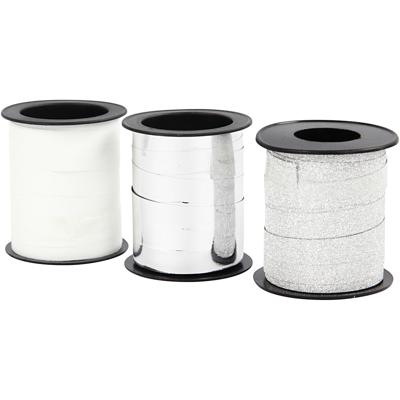 Creativ Company Cadeaulint, b: 10 mm, zilver, glitter zilver, wit, 3x15 m/ 1 doos