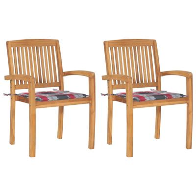 Tuinstoelen 2 st met rood geruite kussens massief teakhout