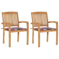 Tuinstoelen 2 st met rood geruite kussens massief teakhout - thumbnail