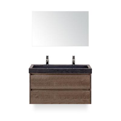 Dante Badmeubelset 100 cm - Tabacco - Wastafel Hardsteen Wit Lucca 2 kraangaten - met Spiegel