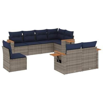 8-delige Loungeset met kussens poly rattan grijs