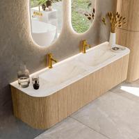 Mondiaz KURVE-DLUX 170 cm Onderkast Greeploos 1 Lade Met Deuren Oak, Wastafel Solid Surface Dubbel Ostra 2 Kraangaten Zonder Spiegel (KRVLEA170L+R1L2D2KD-Oak/Ost) - thumbnail