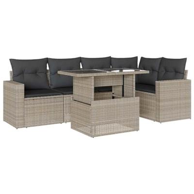 6-delige Loungeset met kussens poly rattan lichtgrijs