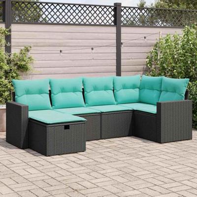 6-delige Loungeset met kussens poly rattan zwart
