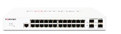 Fortinet 589270 | FS-124E | FortiSwitch-124E L2 Switch - 24 x GE RJ45 poorten, 4 x GE SFP slots, ventilatorloos, FortiGate switch controller compatibel.