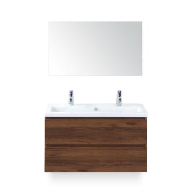 Vogue Badmeubelset 100 cm - Greeplijst in kleur - Walnoot - Keramische Wastafel Wit 2 kraangaten - met Spiegel