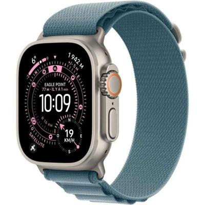 Apple Watch Ultra 3 GPS + Cellular 49 mm Premium hardloop- en multisport-smartwatch met robuuste kast van naturel titanium, lichtblauw Alpine‑bandje (M). Gezondheid en conditie uitgebreid bijhouden