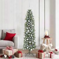 VidaXL Kunstmatige slanke kerstboom met 300 led groen en wit 180 cm - thumbnail