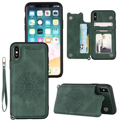 Voor iPhone XS / X Mandala Embossed PU + TPU Case met Holder & Card Slots & Photo Frame & Hand Strap(Groen)