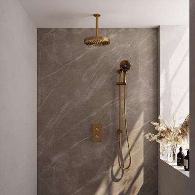 Brauer Stripe thermostatische inbouw regendouche 3-weg rechthoekig SET 24 met 25 cm douchekop en plafondarm en 3-standen handdouche en doucheslang en geintegreerde glijstang goud geborsteld PVD